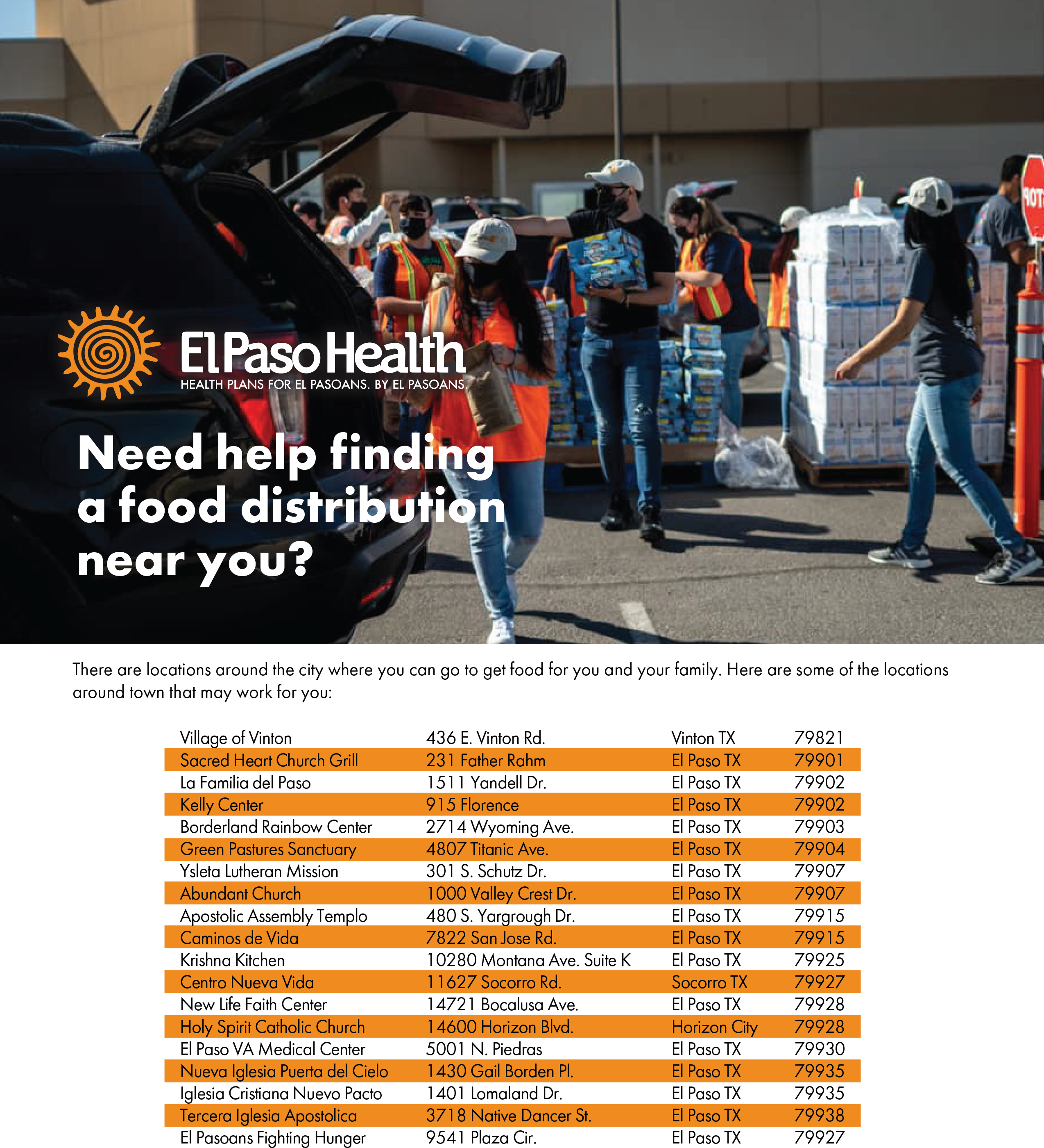 El Paso Health Food Distribution Center flyer header with event details and location information.